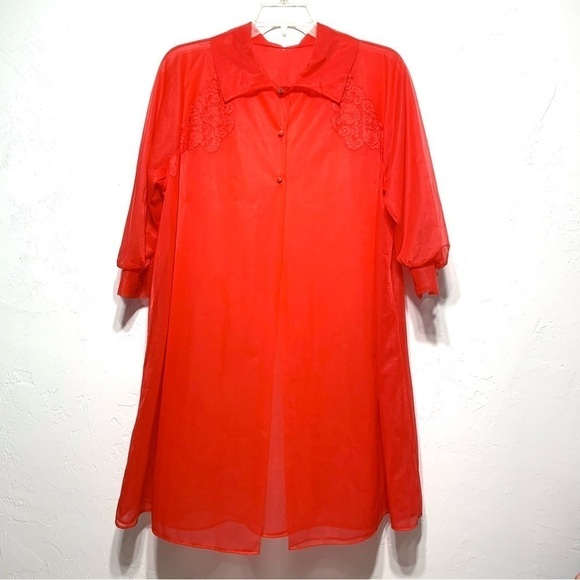 Vintage Texsheen Lingerie Red 3/4 Sleeve Sheer House Coat Button Up Robe Large - Picture 1 of 10